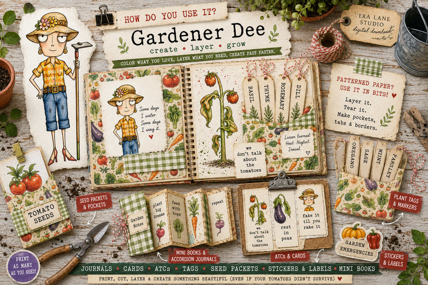 Gardener Dee Digital Stamps Set – 7 Whimsical Digi Stamps + Printables Garden Backgrounds | Funny Gardening Quotes | Vera Lane Studio Original Art