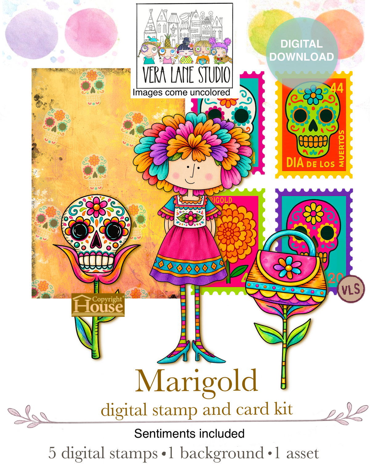 Chica Marigolita – 5 Digi Stamps, Digital papers and faux stamps Card Kit
