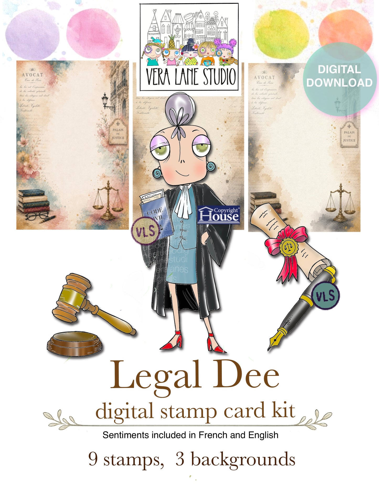 Legal Dee Digital Stamp Card Kit - 9 stamps, 3 backgrounds