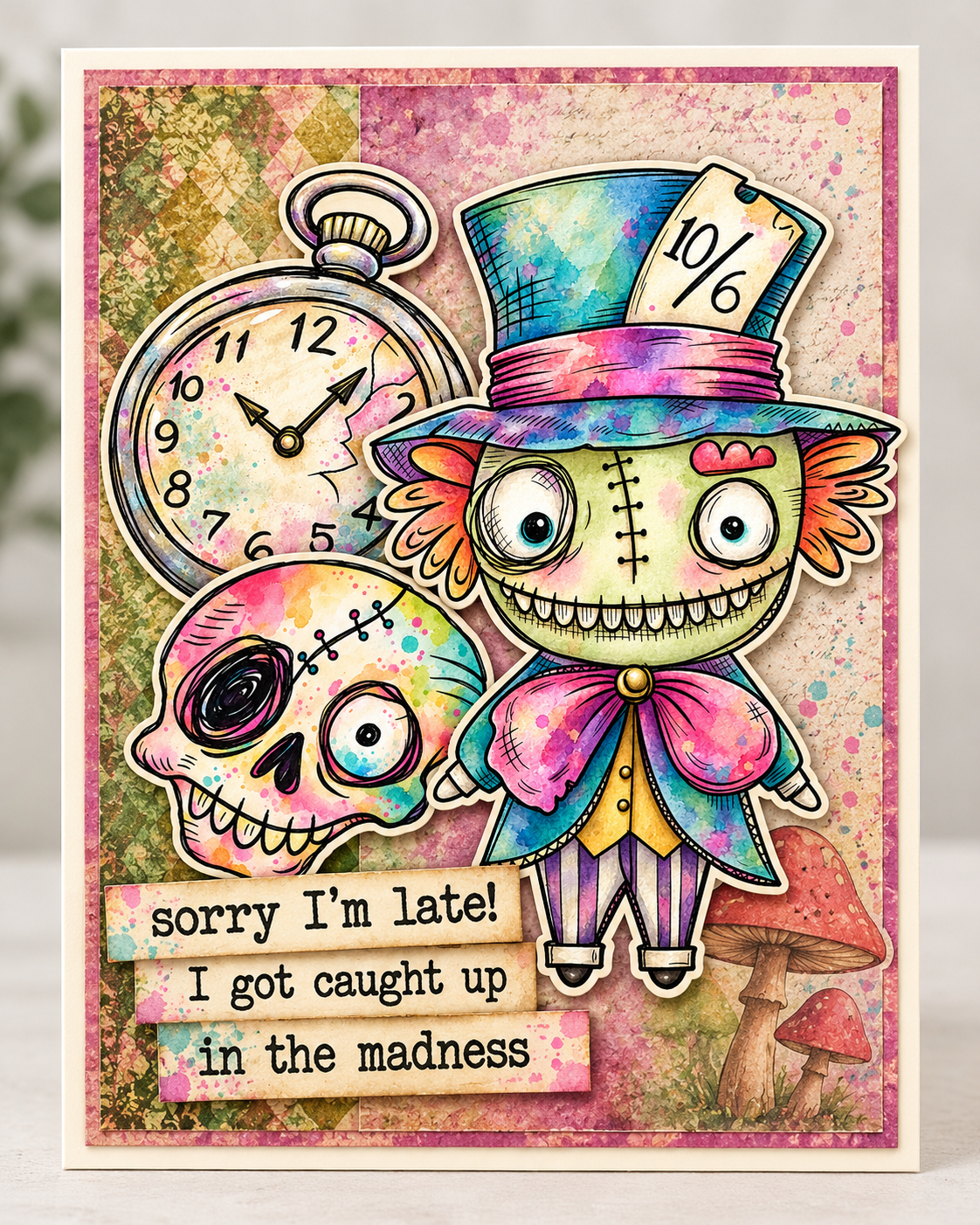 Zombie Mad Hatter digital card kit - 8 stamps , 3 backgrounds