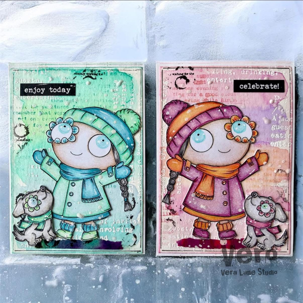 Poppy’s Winter Digital Stamp Set, Quirky Winter Girl Printable, Cute puppy Digi, original art for Cardmaking & Crafts