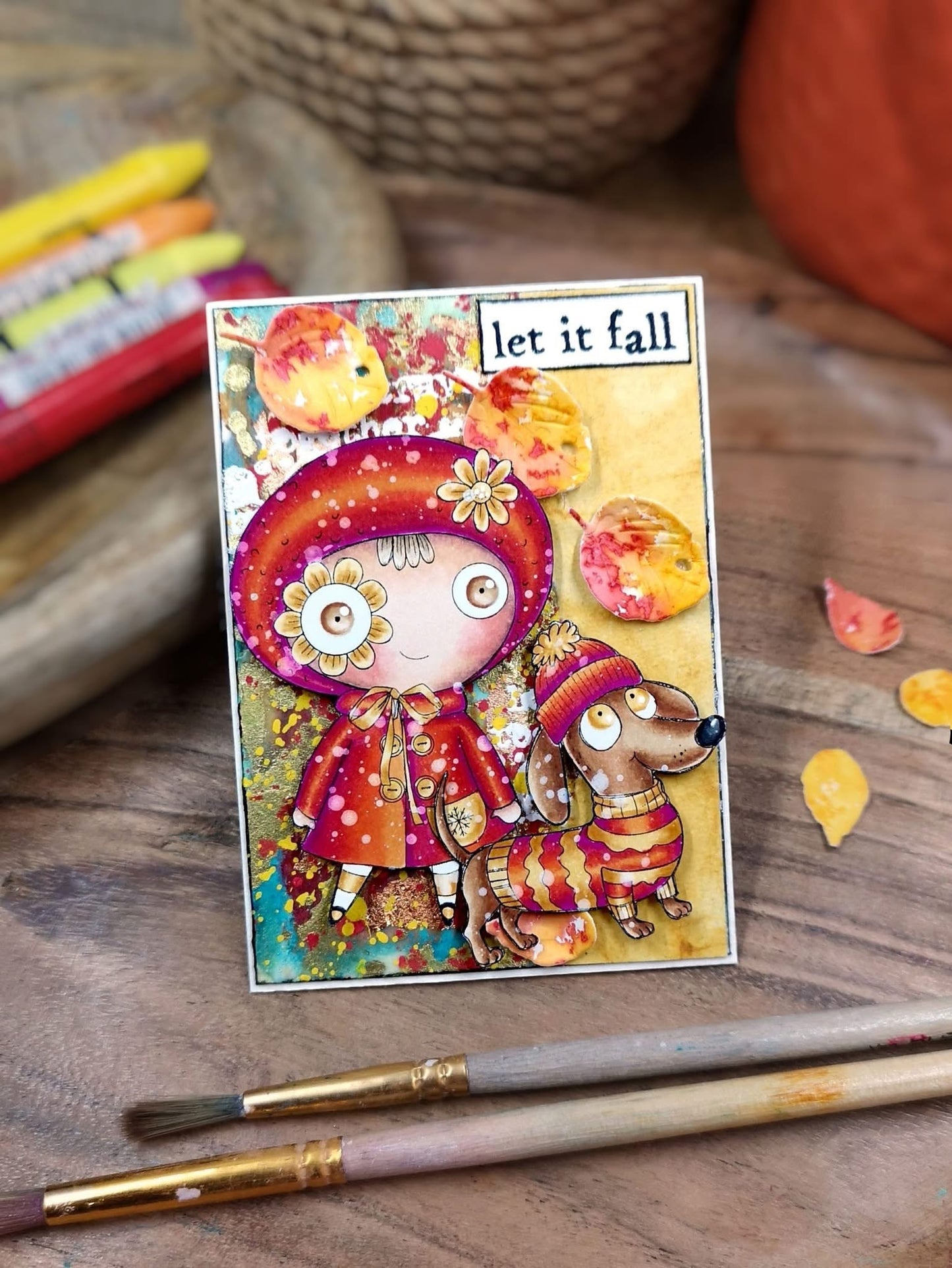 Whimsical Digital Stamps Set – Wiggles and Wander Flower Eye Girl, Dog, Houses, 3 Backgrounds