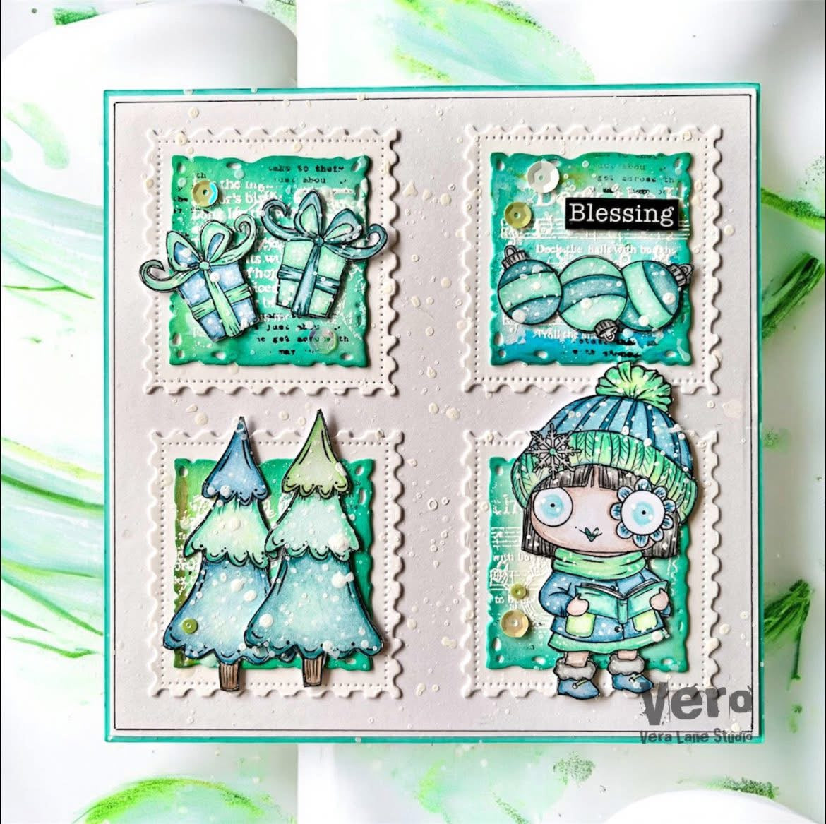 Poppy Mint Digital Card Kit - 8 Digi stamps, 3 colored backgrounds