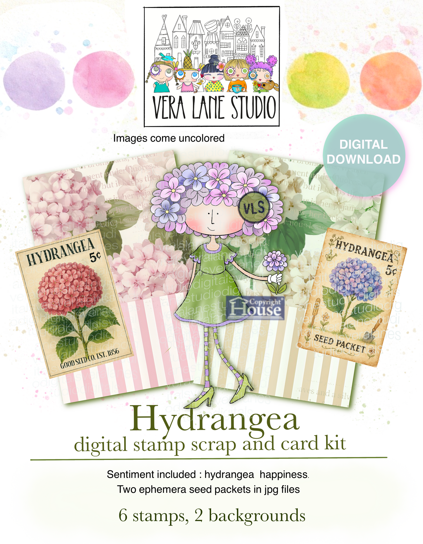 Hydrangea – 8 Digital Stamps & Coordinating Backgrounds Card Kit