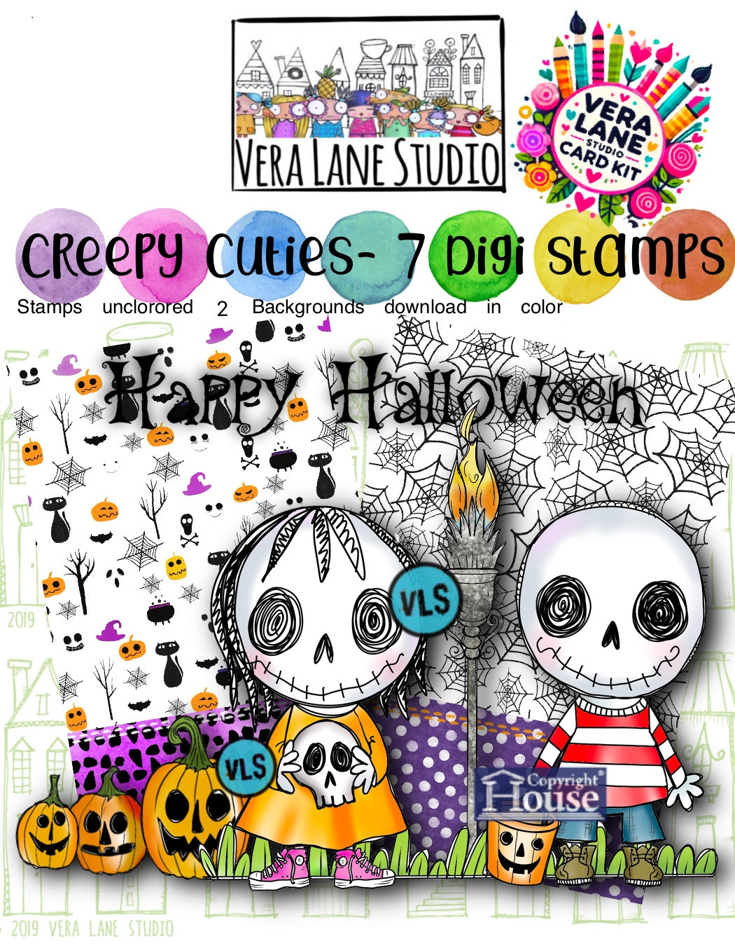 Creepy Cuties Card Kit - 7 Digi stamps in jpg and png files, 2 colored backgrounds
