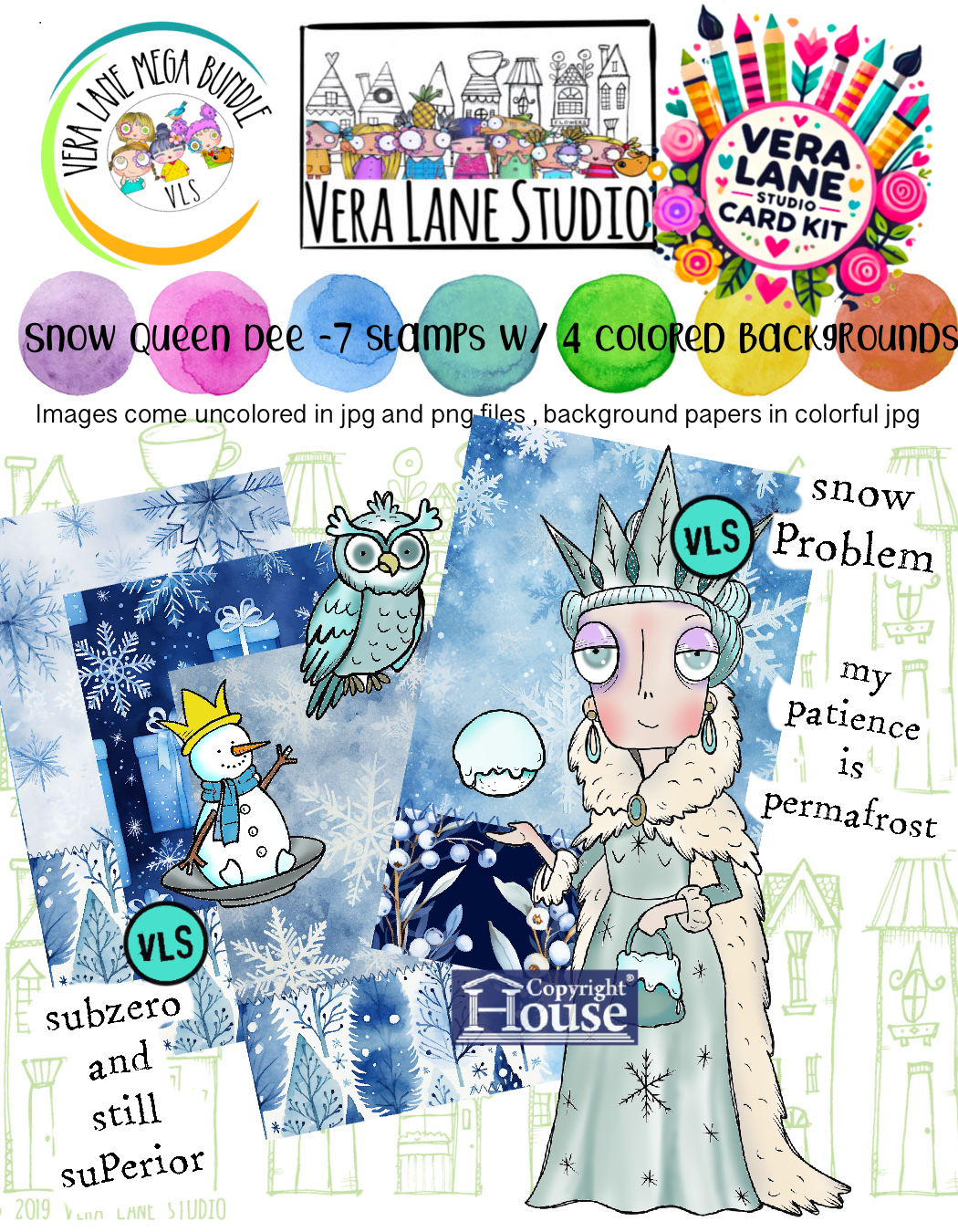 Snow Queen Dee mega bundle Card Kit - 7 digi stamps, 4 colored backgrounds