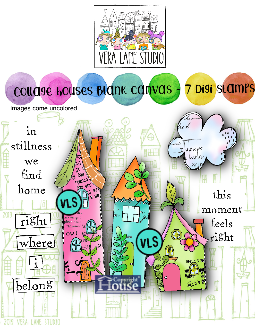 Whimsical Collage House Digital Stamps – 7 Blank Canvas Digi Stamps for Cardmaking, junk journals, hybrid scrapbooking