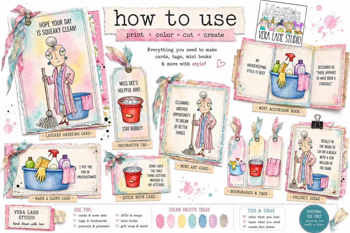 Housewife Dee Card Kit- 5 Digi stamps , 2 backgrounds
