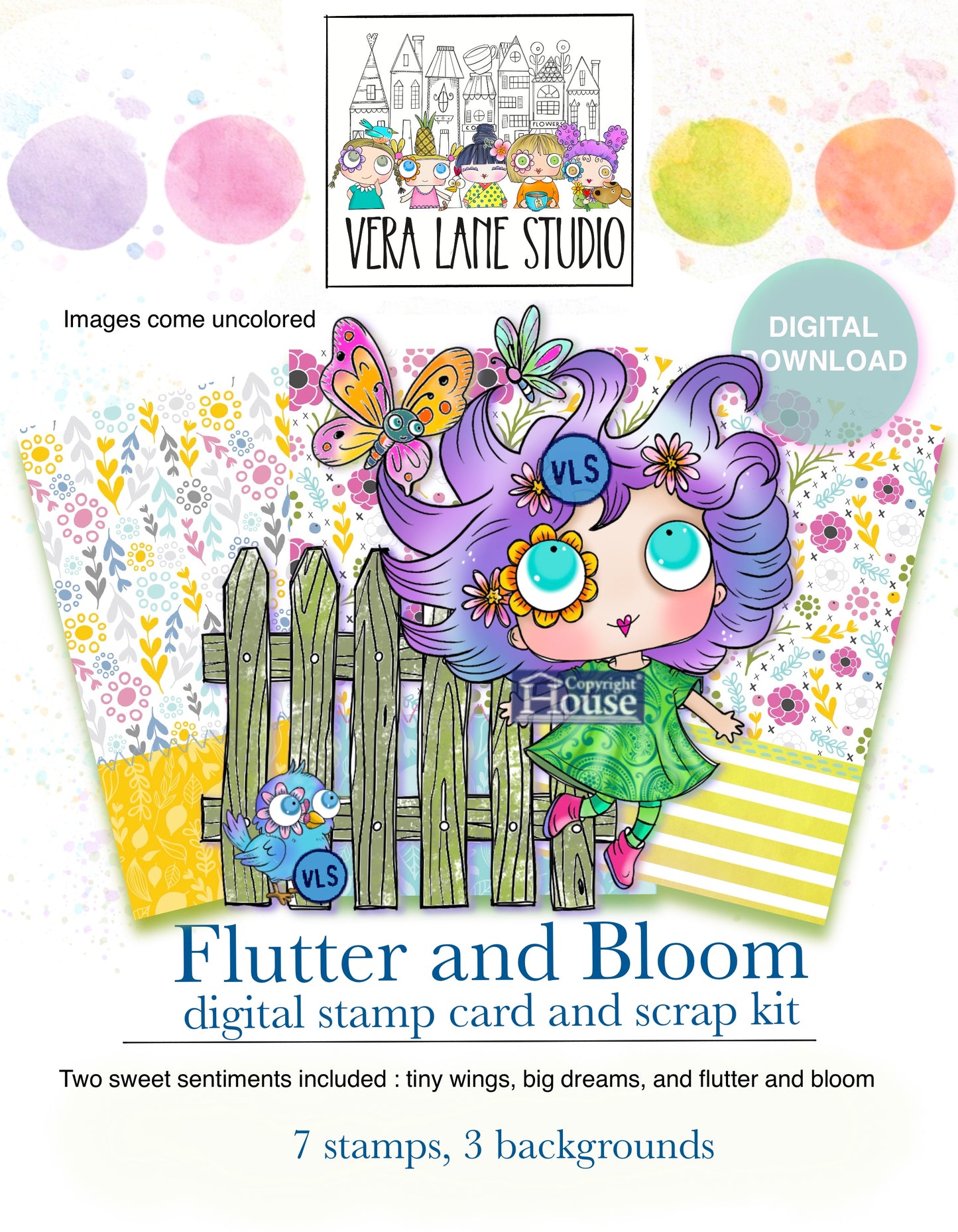 Flutter and Bloom - 7 Digi stamps, 3 colored backgrounds Card Kit