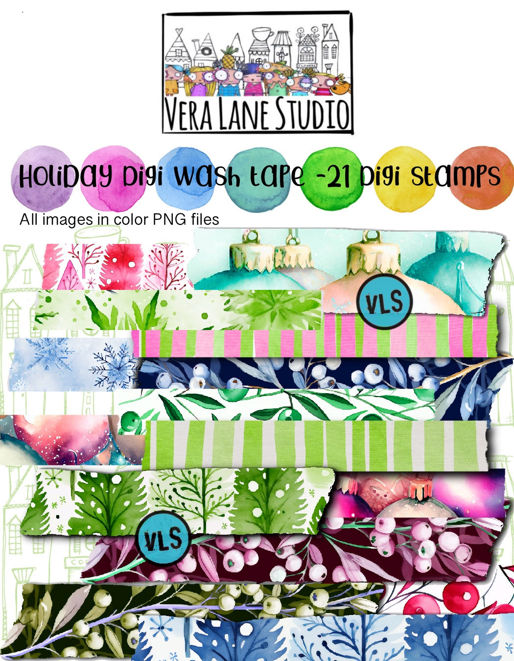 Holiday Digital Washi Tape - 21 colorful png files