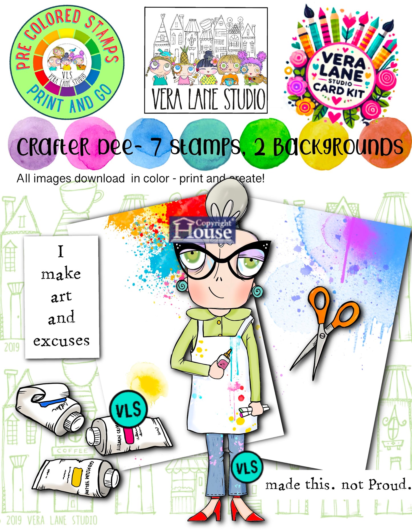 Crafter Dee – Pre-Colored Digi Stamp Set with 2 Backgrounds | Just Print, Snip & Create