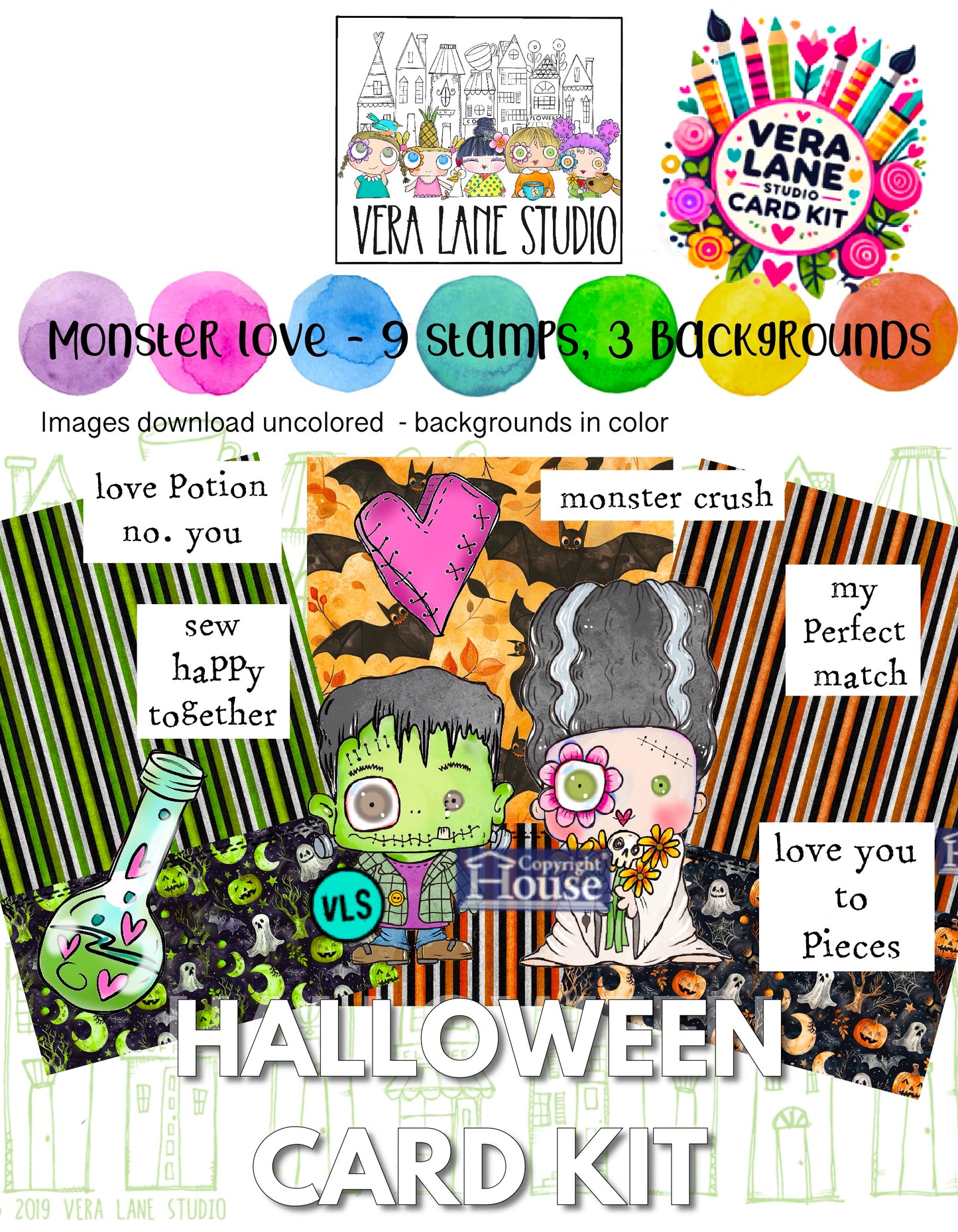 Monster Love card kit - 9 Digi stamps and 3 colored backgrounds