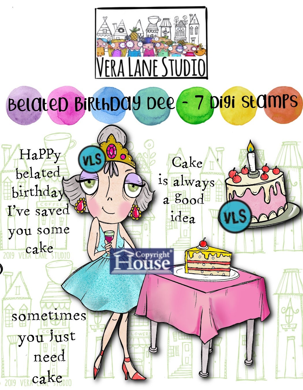 Belated Birthday Dee - 7 Digi stamp bundle in jpg and png files