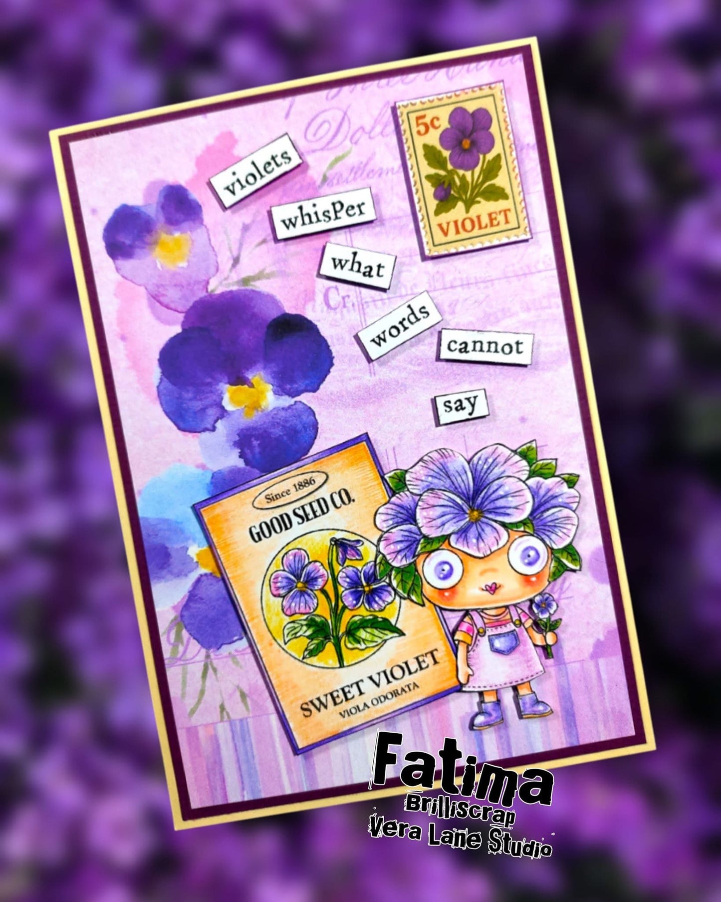 Violet seedling - four digital stamps, and four colorful ephemera card kit