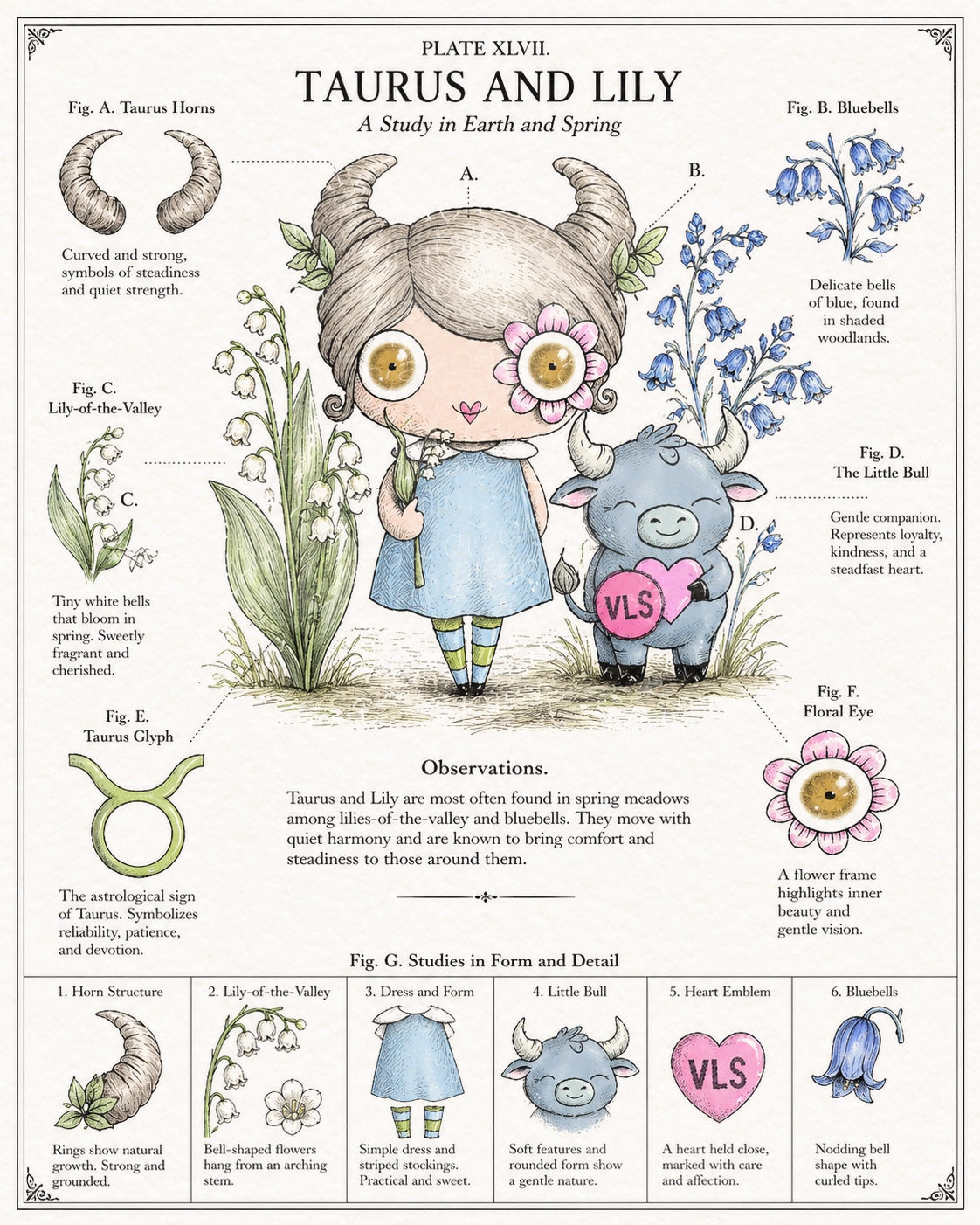 Taurus Lily Zodiac Digital Stamp Kit, Hand Drawn Illustrations (Digital Download)