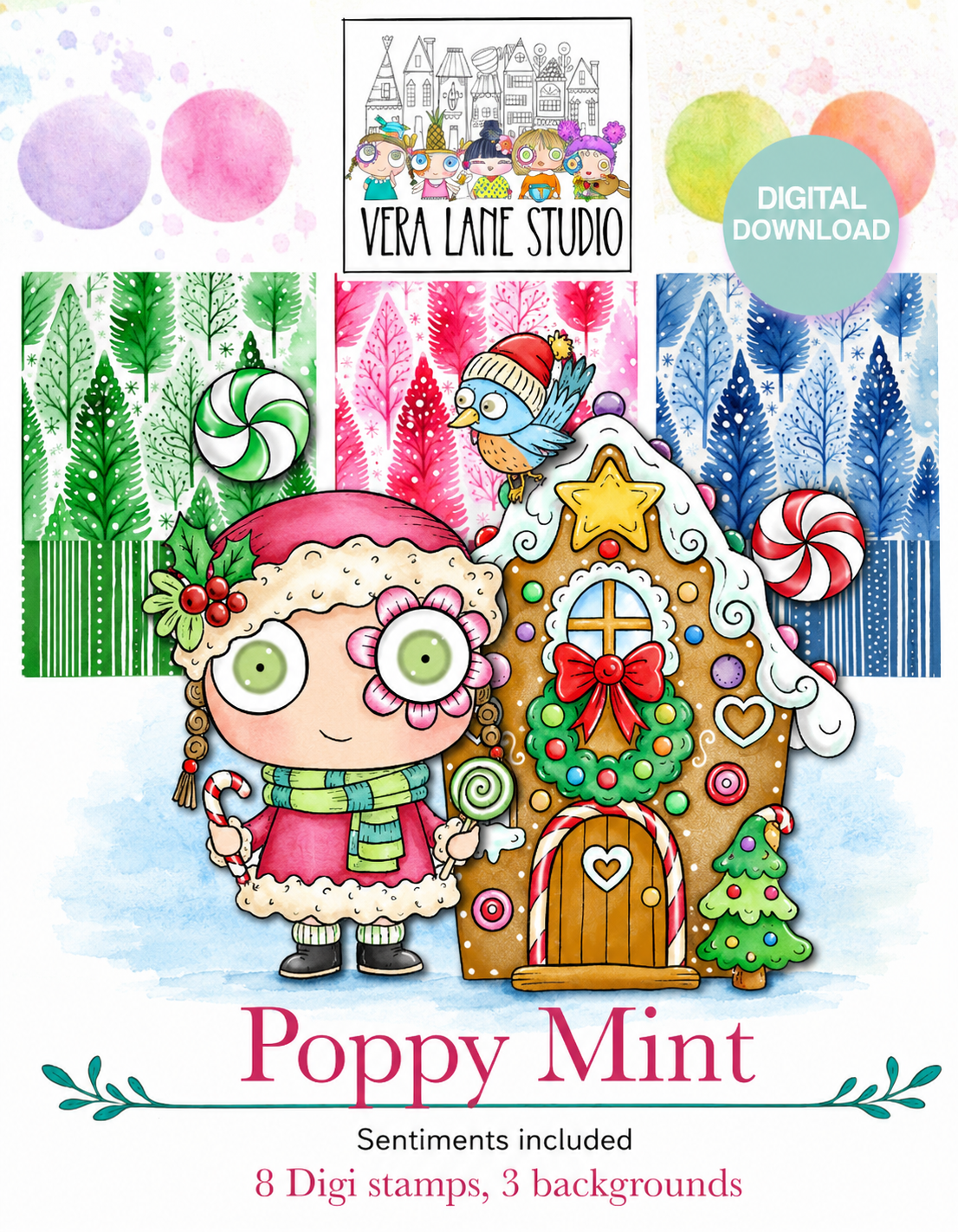 Poppy Mint Digital Card Kit - 8 Digi stamps, 3 colored backgrounds