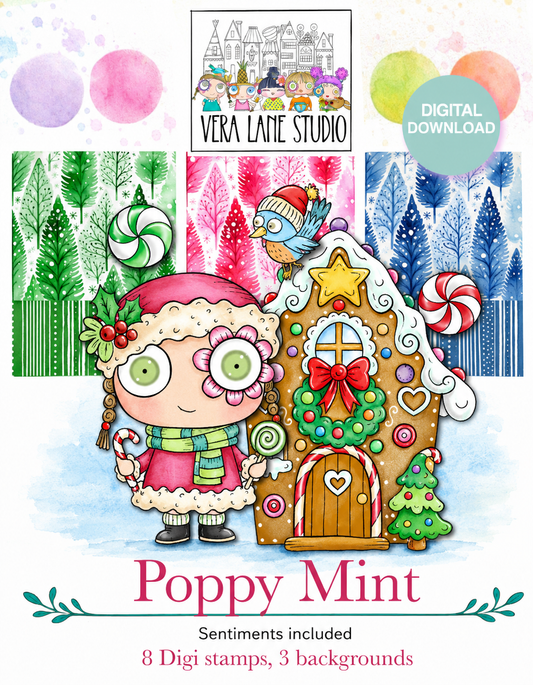 Poppy Mint Digital Card Kit - 8 Digi stamps, 3 colored backgrounds