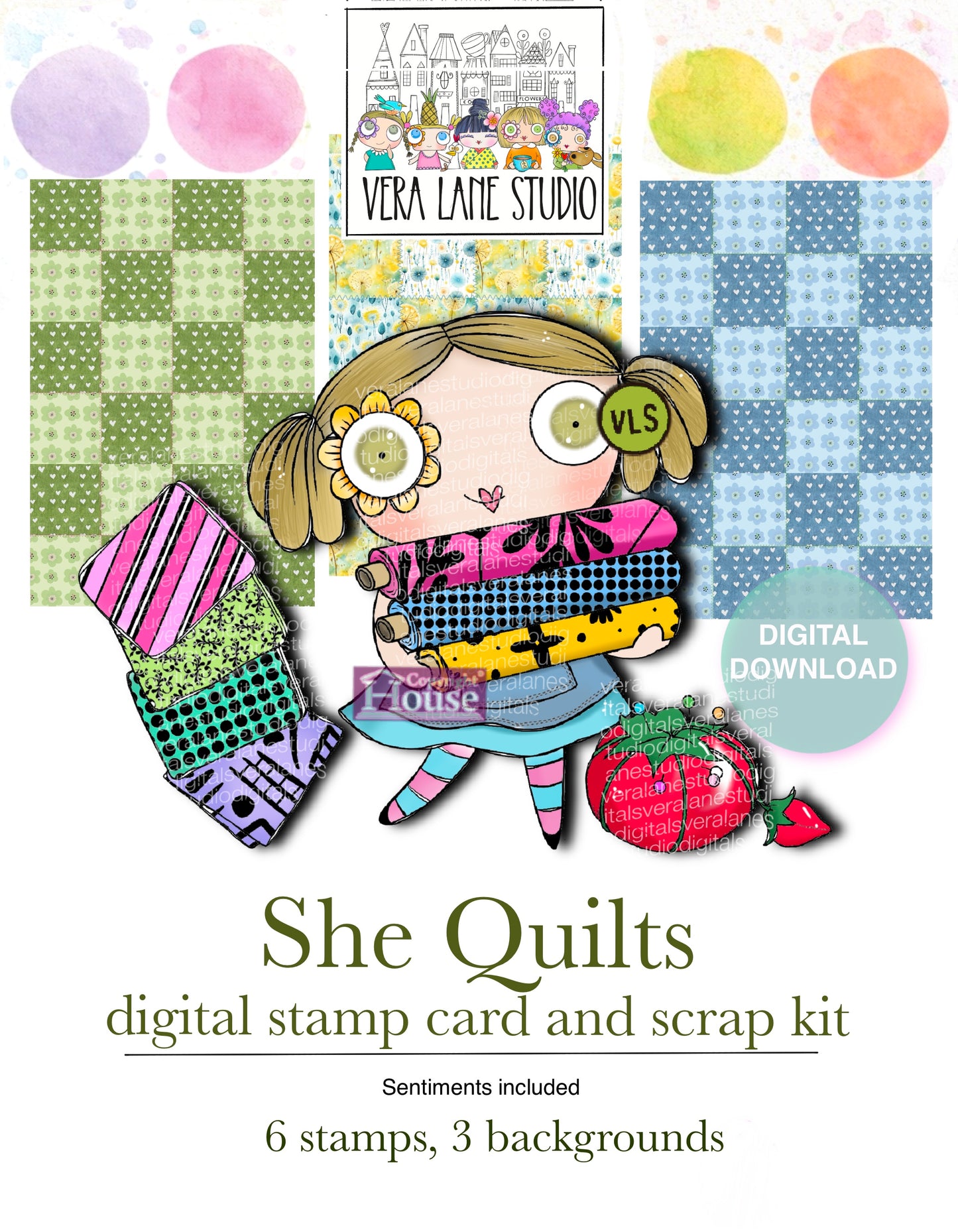 She Quilts Card Kit  - 6 digital stamps and three colored backgrounds