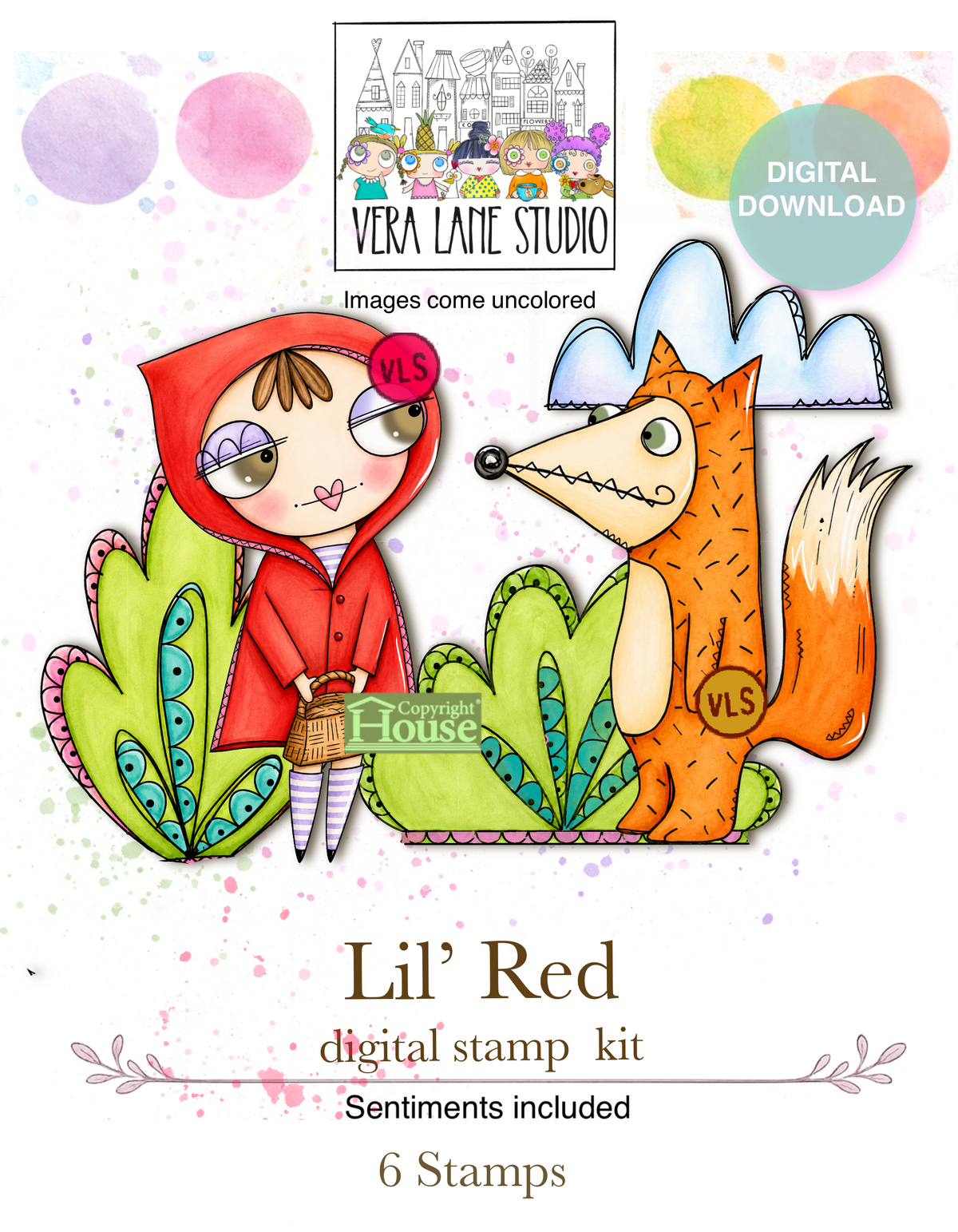 Lil’ Red and Big Bad - 6 Digi stamp set in jpg and png files