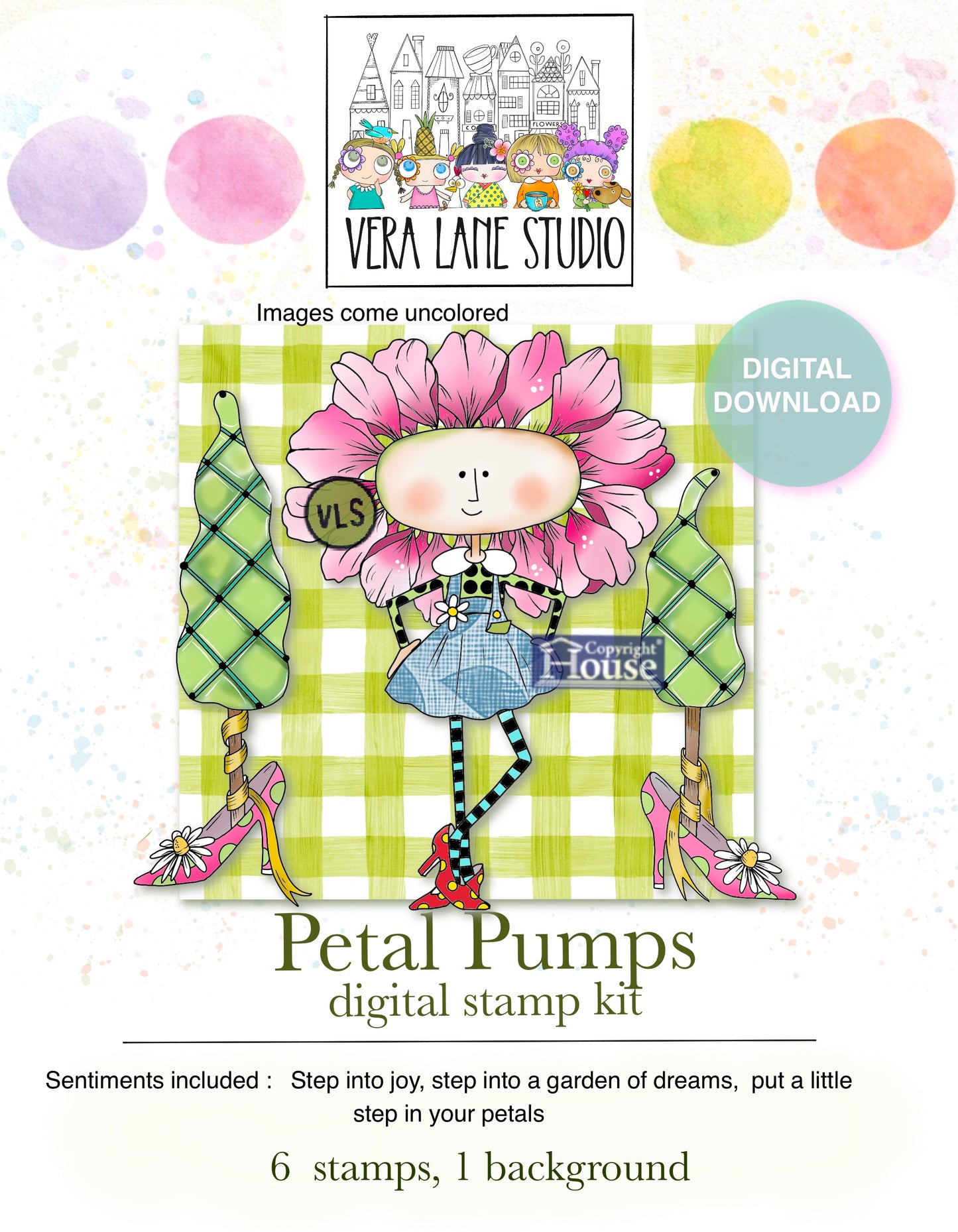 Petal Pumps Digital Stamps – Whimsical Flower Girl Shoe Set | Vera Lane Studio Digi Stamps for Cardmaking, Journals & Mixed Media Art