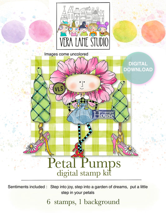 Petal Pumps Digital Stamps – Whimsical Flower Girl Shoe Set | Vera Lane Studio Digi Stamps for Cardmaking, Journals & Mixed Media Art