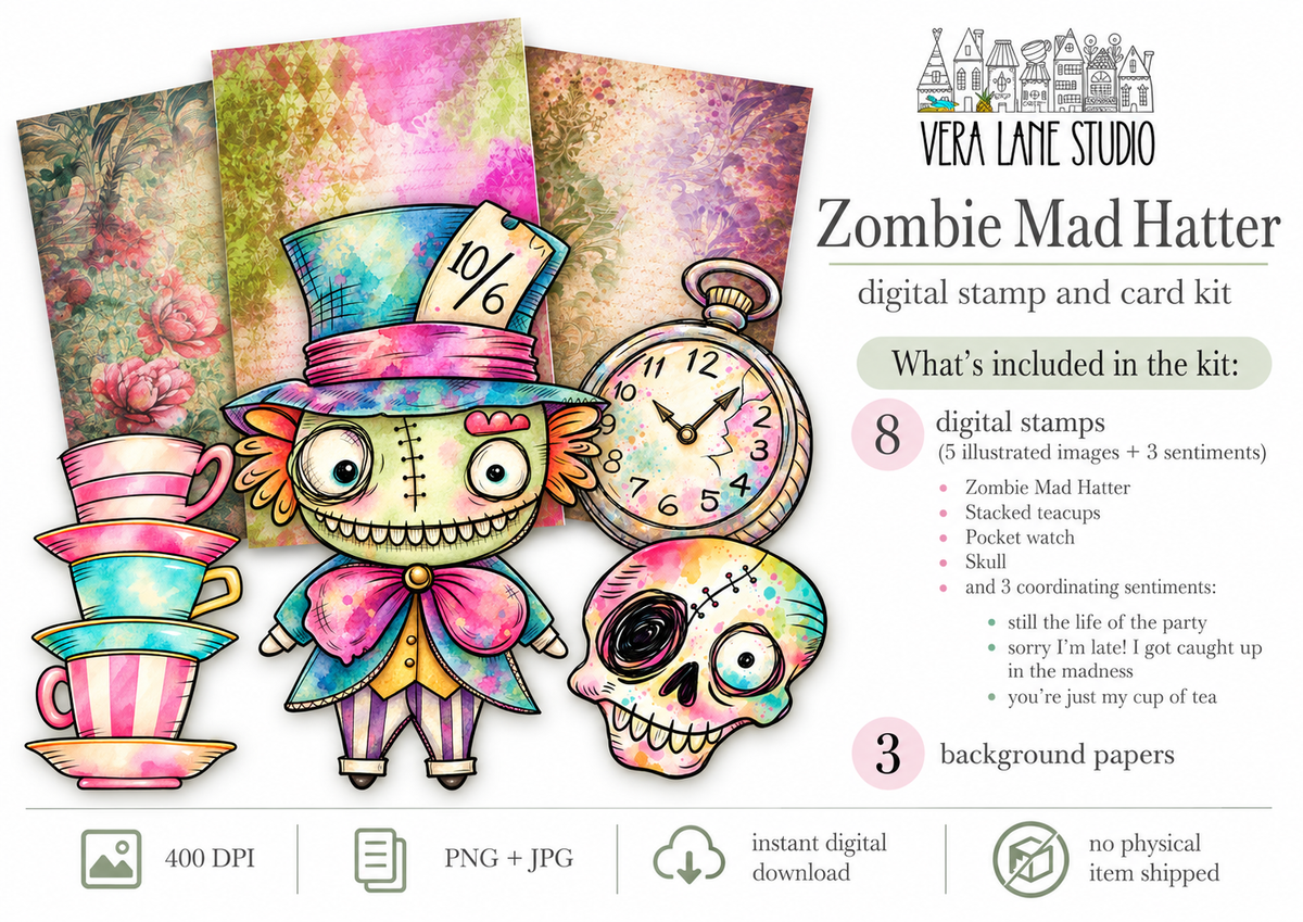 Zombie Mad Hatter digital card kit - 8 stamps , 3 backgrounds
