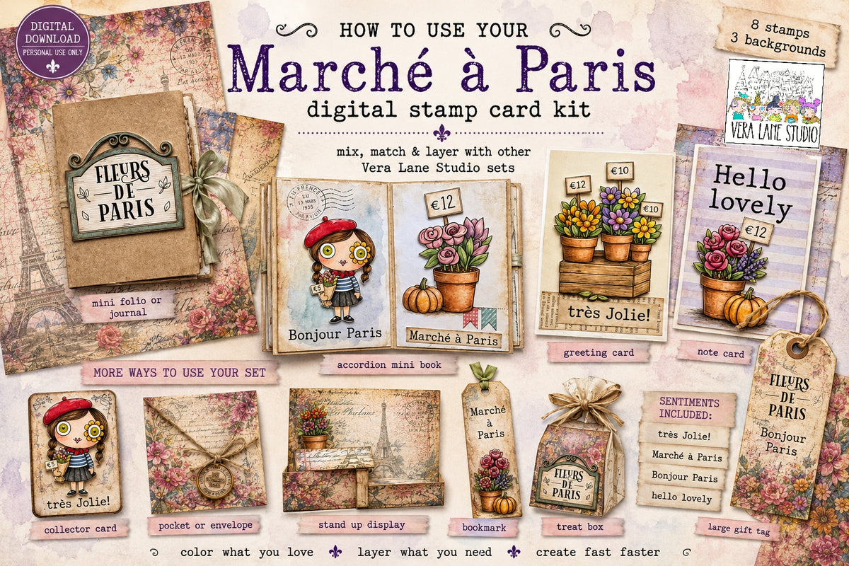 Paris Flower Market Card Kit, Digital Stamps & Backgrounds, Junk Journal Kit, Marché à Paris Stamps