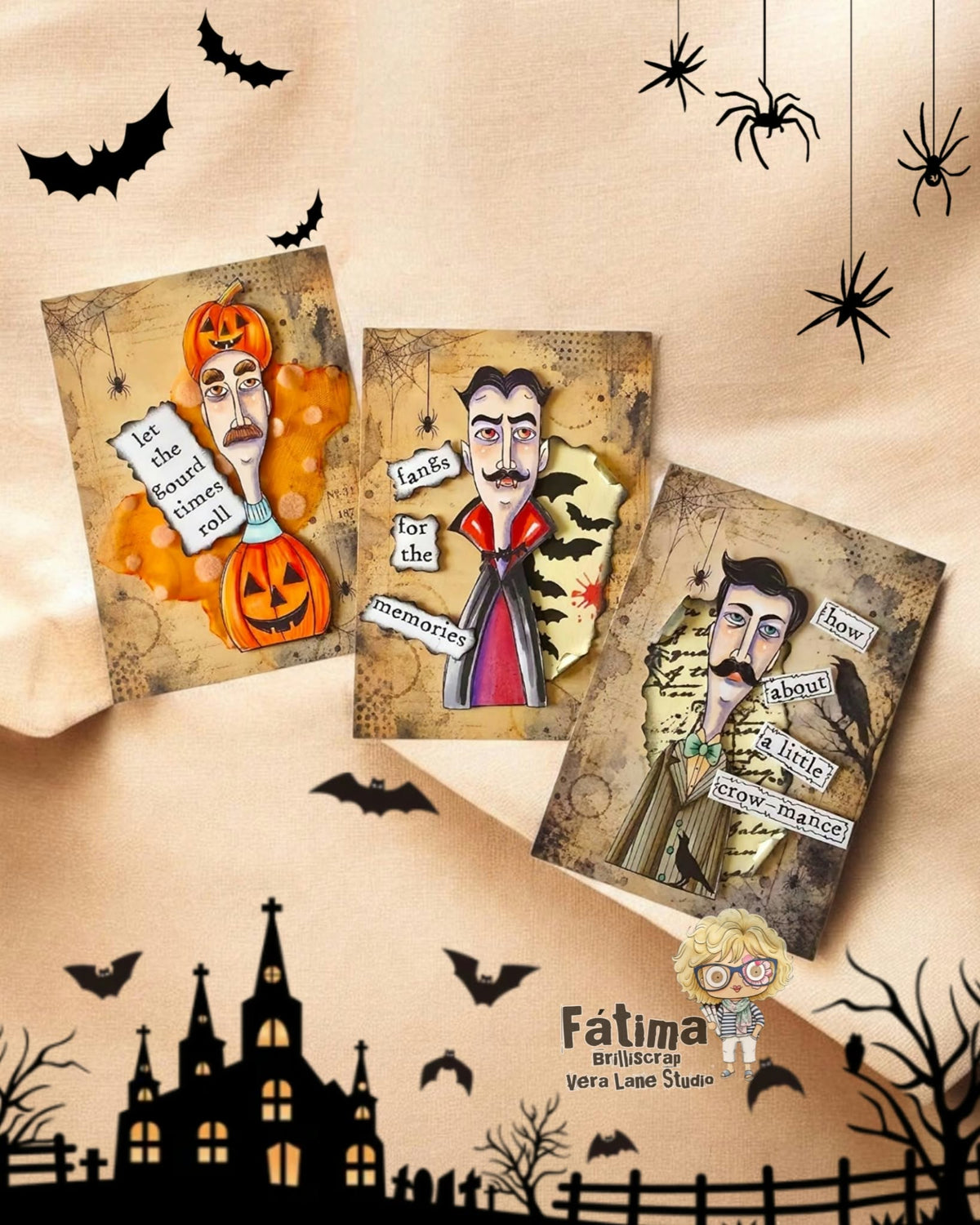 Ghoulish Gents Halloween Digital Stamps – 7 Creepy Cute Printable Characters, 2 backgrounds Digital Download, Pumpkin Vampire Crow Spooky Clipart Scrapbooking