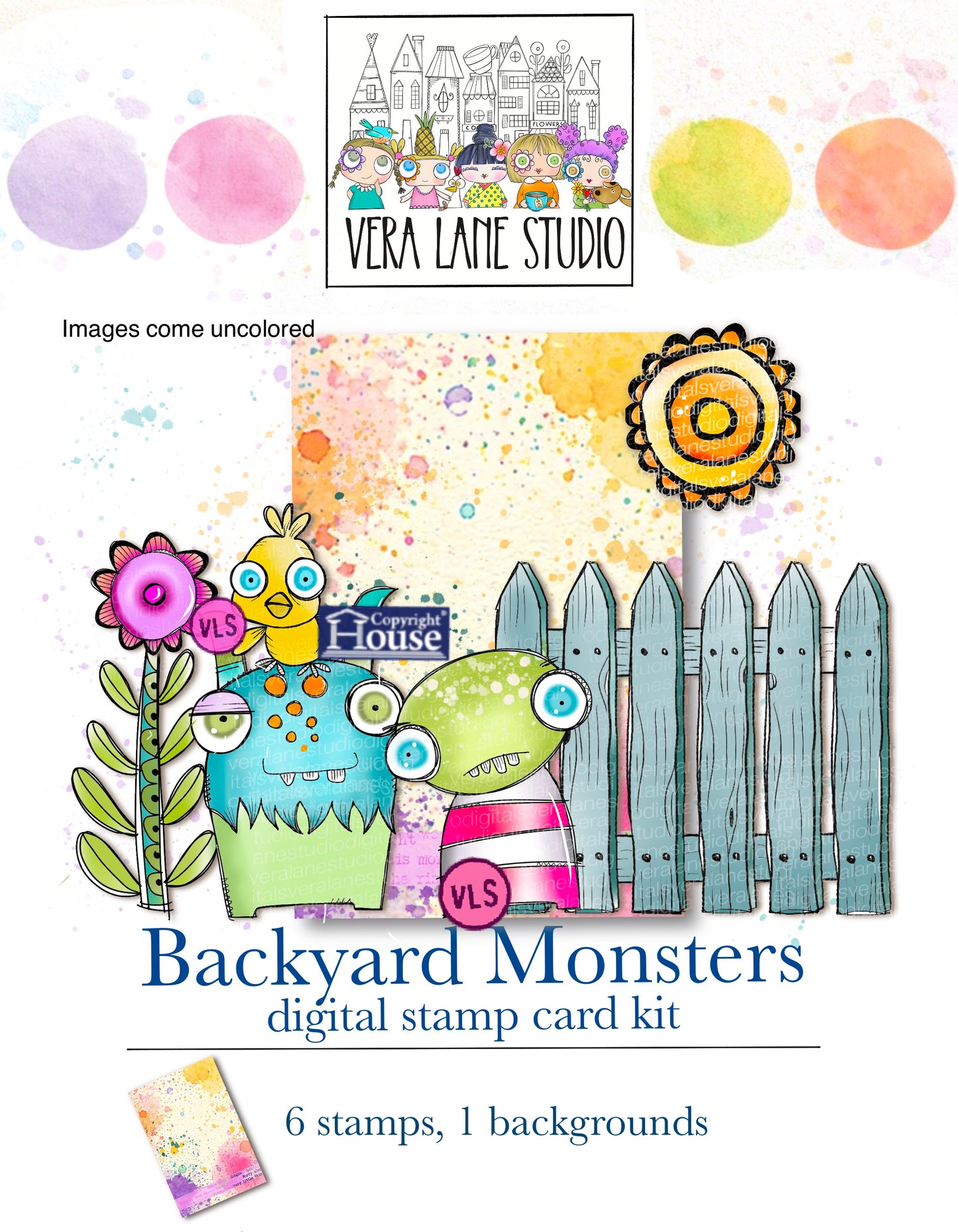 Backyard Monsters card kit - 7 Digi stamps in  png and jpg files, 1 background