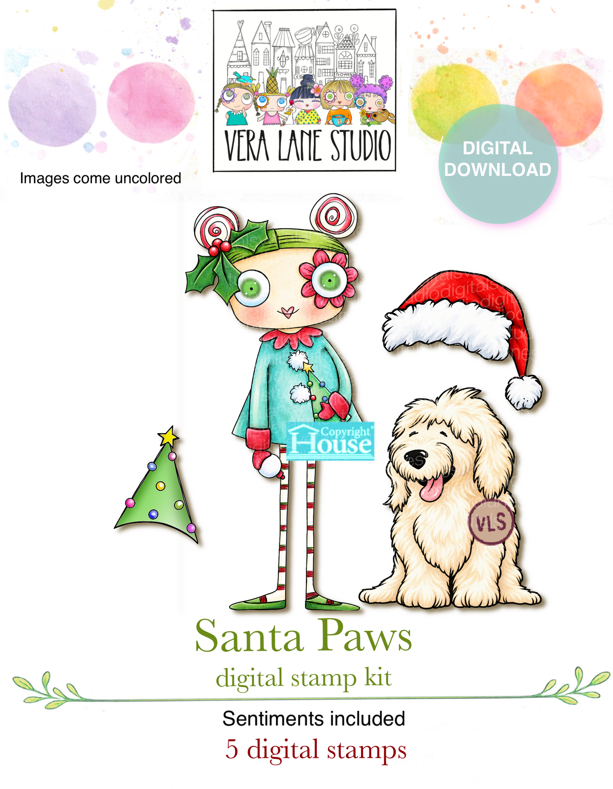 Santa Paws - 6 Digi stamp bundle in jpg and png files