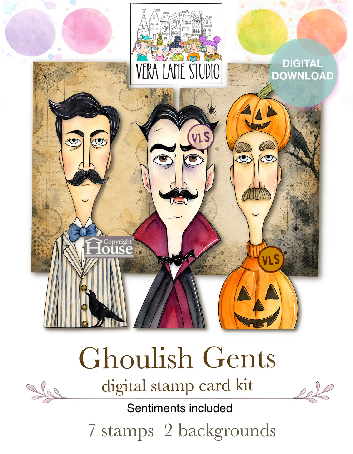 Ghoulish Gents Halloween Digital Stamps – 7 Creepy Cute Printable Characters, 2 backgrounds Digital Download, Pumpkin Vampire Crow Spooky Clipart Scrapbooking