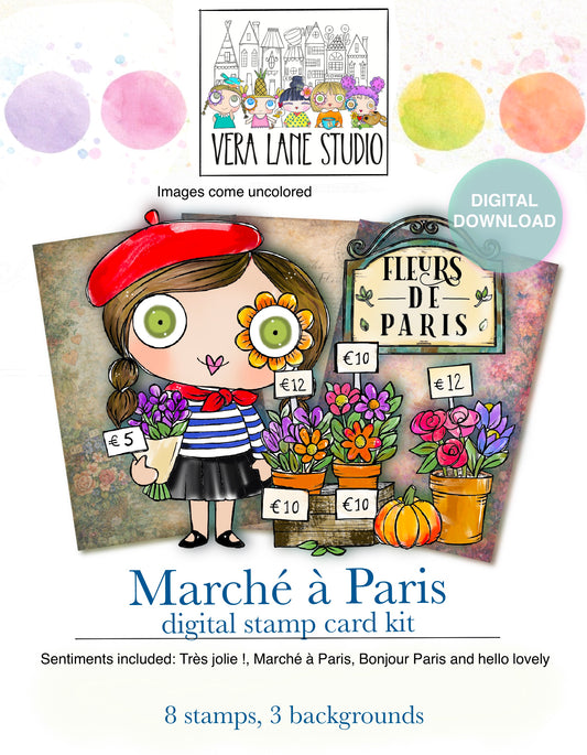 Paris Flower Market Card Kit, Digital Stamps & Backgrounds, Junk Journal Kit, Marché à Paris Stamps