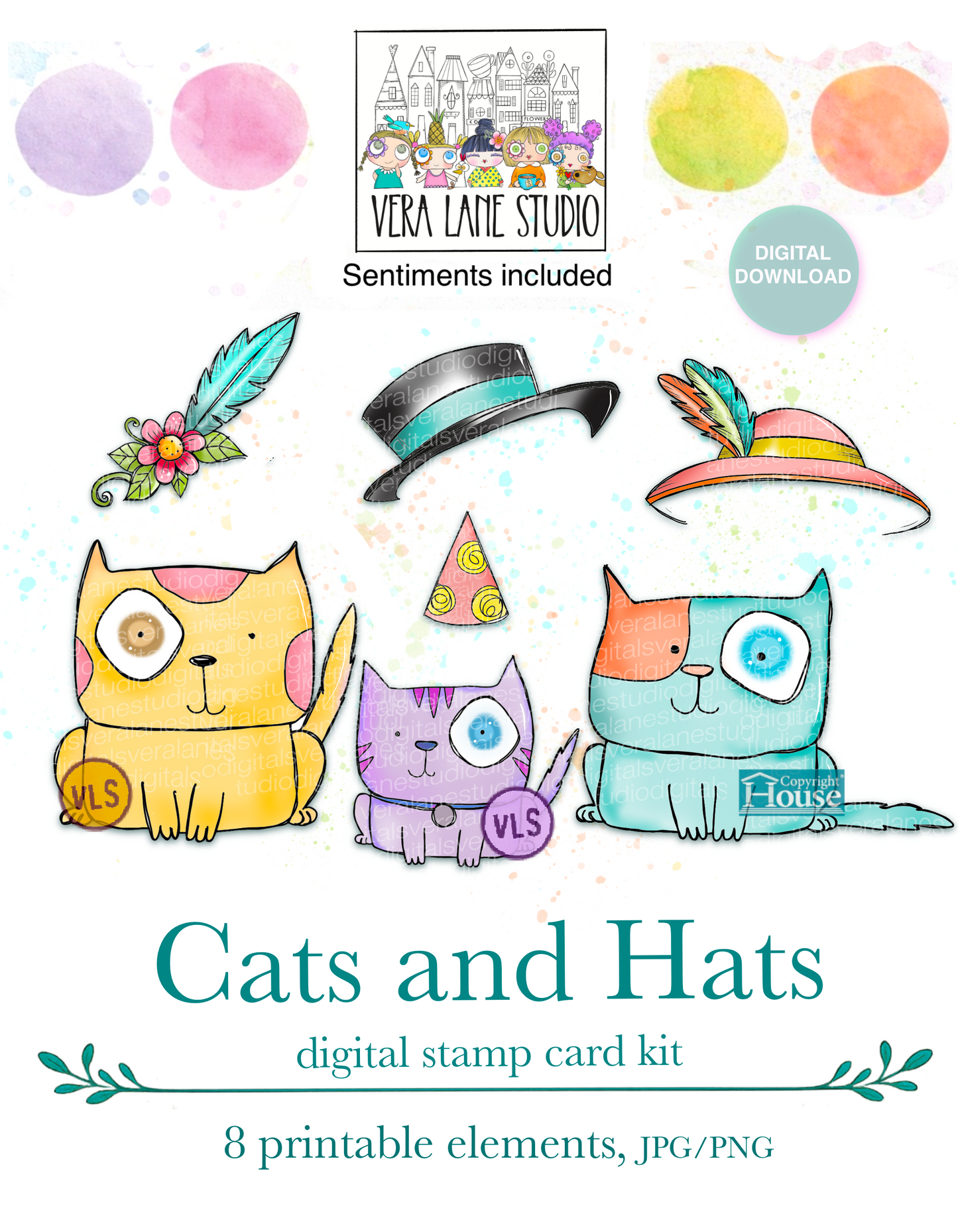 Cats and Hats - 8 Digi stamps in JPG and PNG files