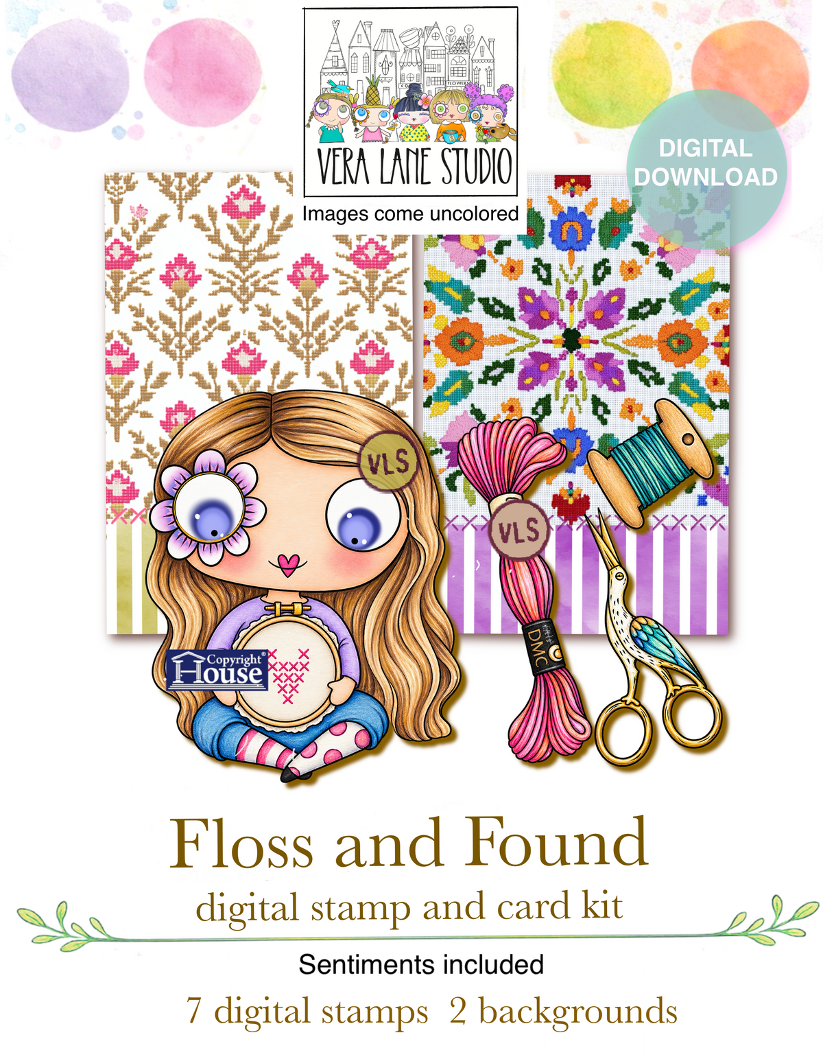 Floss & Found - digital card kit 7 stamps, 2 backgrounds