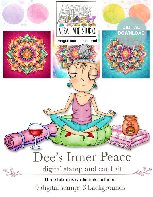 Dee’s Inner Peace – 9 Digital Stamps & Mandala Backgrounds | Yoga Humor Art | Printable PNG JPG