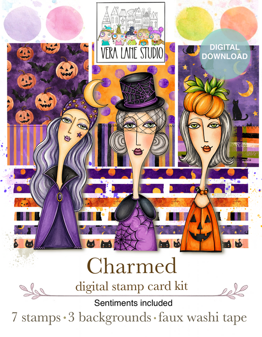 Charmed Digital Stamp Set – 7 Quirky Witches, Halloween Backgrounds & Washi Tape