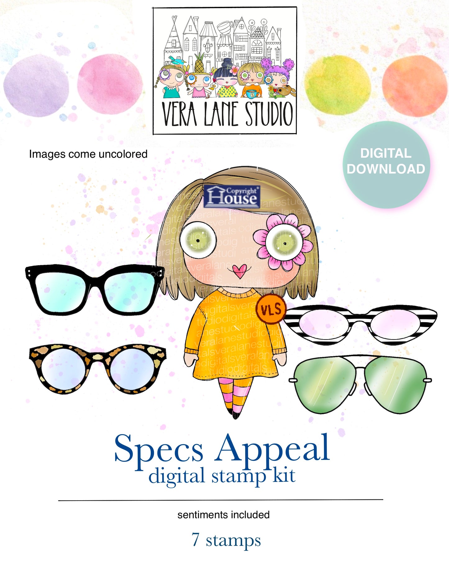 Specs Appeal Girl Digital Stamp Set, Glasses Accessories, Hand Drawn Digi Stamp Kit, Card Making, Junk Journal Download
