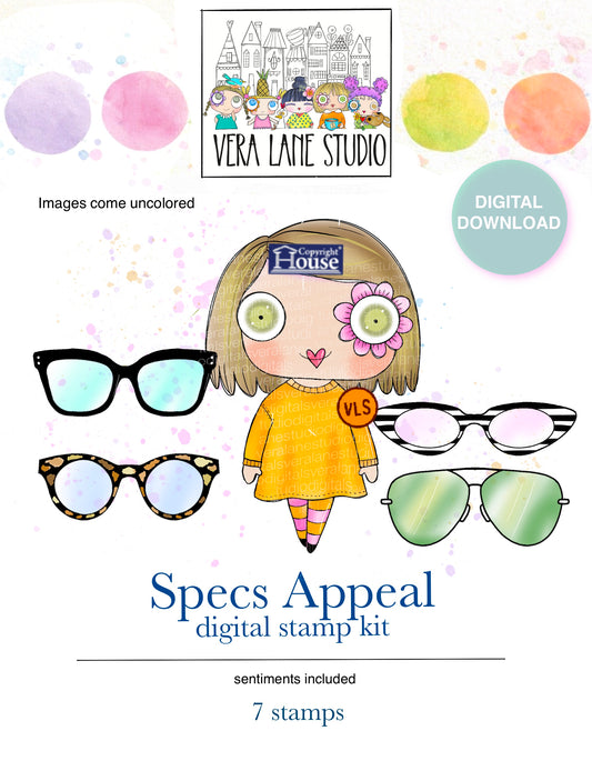 Specs Appeal Girl Digital Stamp Set, Glasses Accessories, Hand Drawn Digi Stamp Kit, Card Making, Junk Journal Download