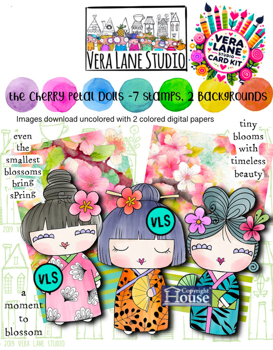 Cherry Petal Dolls - 7 Digi stamps, 2 colored digital papers