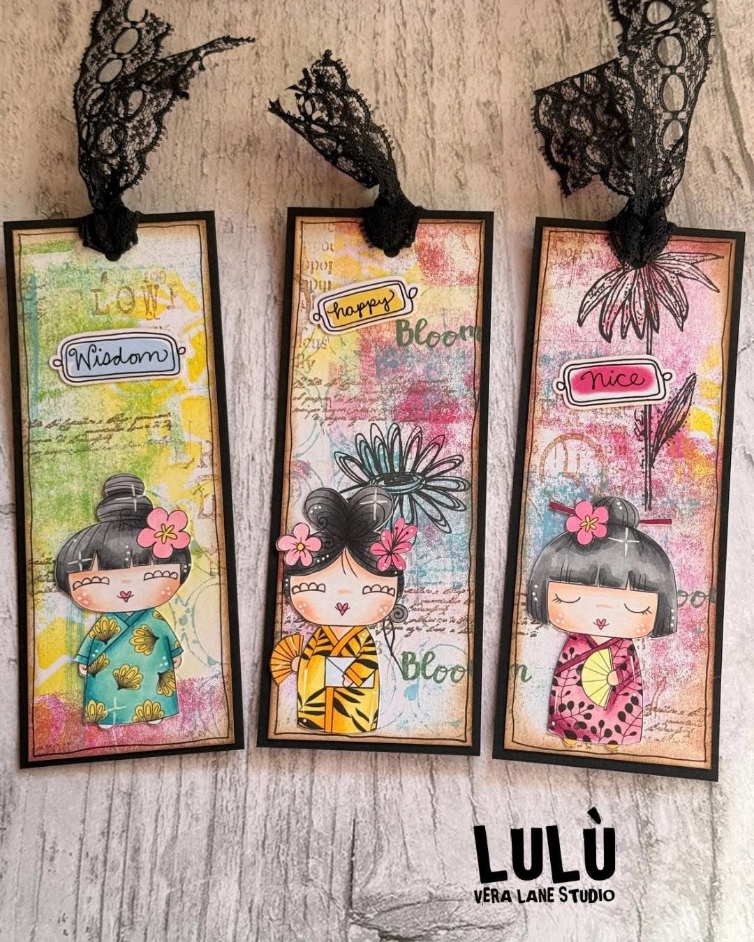 Cherry Petal Dolls - 7 Digi stamps, 2 colored digital papers