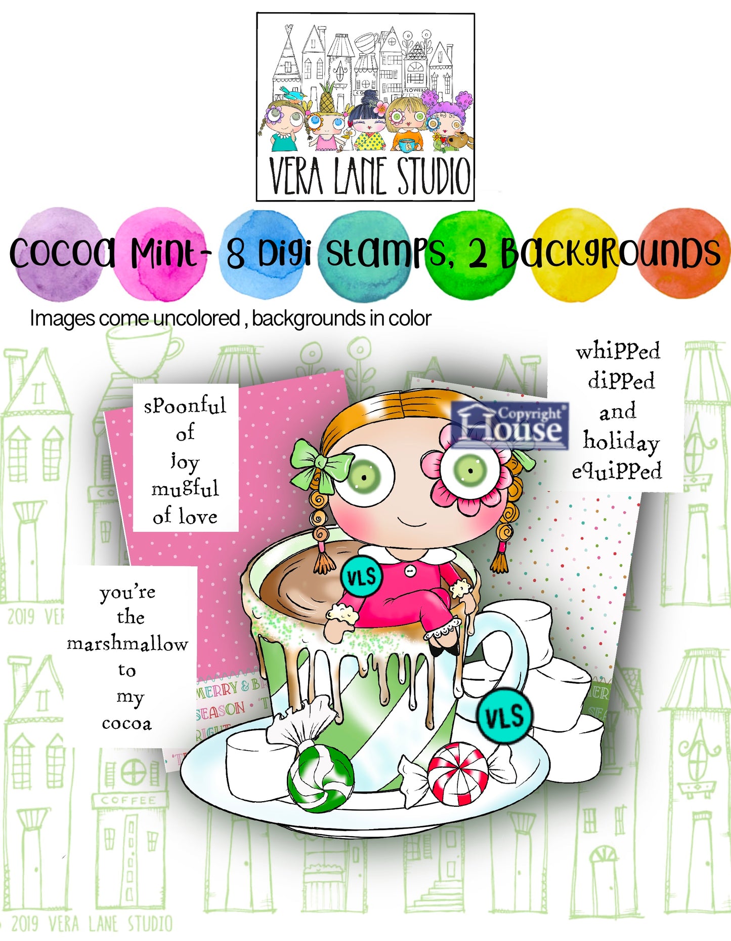 Cocoa Mint Digital Stamps Set –  Digi Stamps, 2 Colored Backgrounds, Whimsical Holiday Mug, Scrapbooking, Cardmaking Downloads