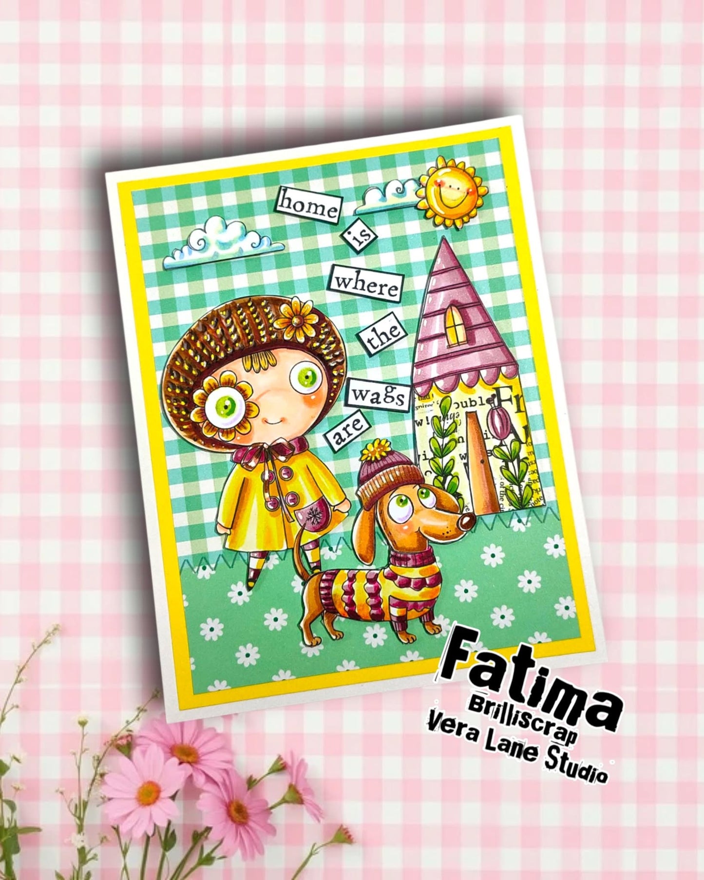 Whimsical Digital Stamps Set – Wiggles and Wander Flower Eye Girl, Dog, Houses, 3 Backgrounds