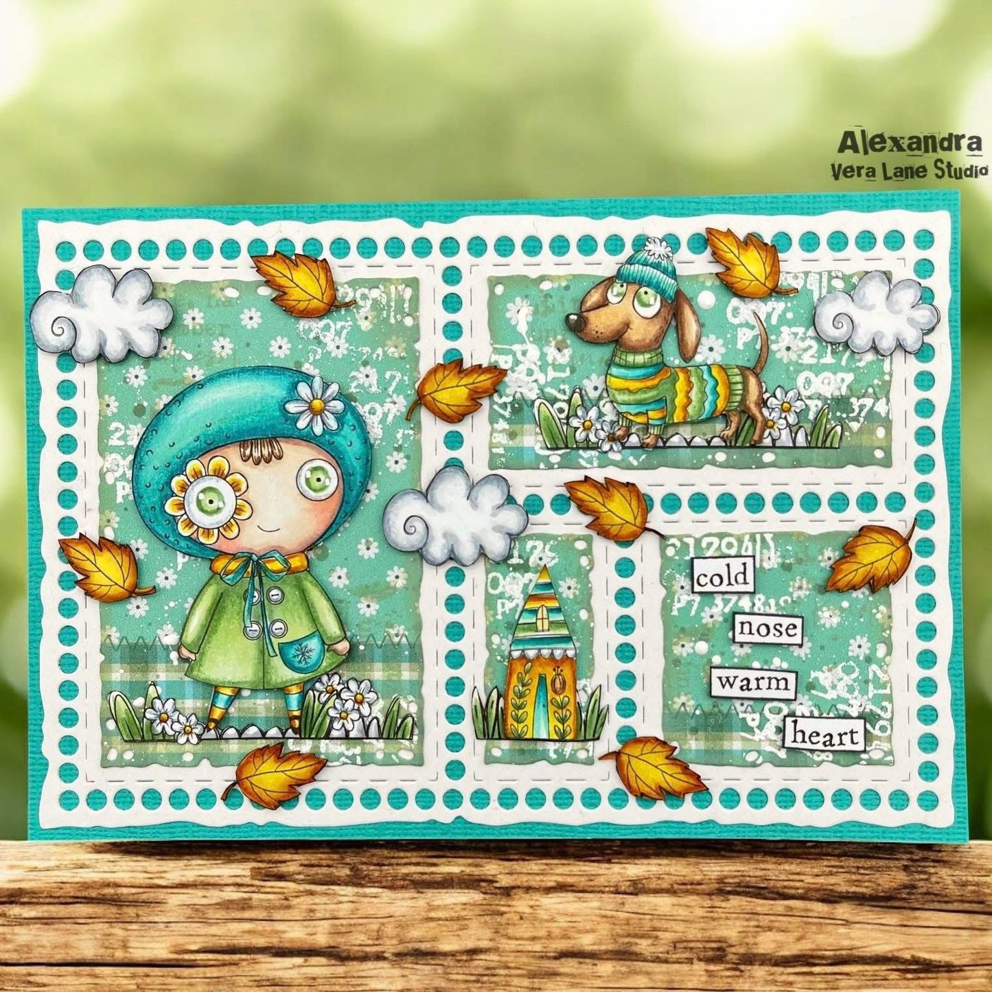 Whimsical Digital Stamps Set – Wiggles and Wander Flower Eye Girl, Dog, Houses, 3 Backgrounds