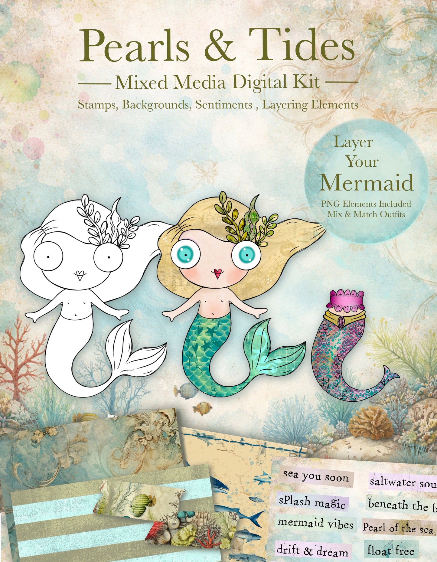 Pearls and Tides Mixed Media Mermaid Kit – 26 Digital Files with Mermaid Doll, Outfits, ATC and Card Backs, Word Clips, Faux Washi