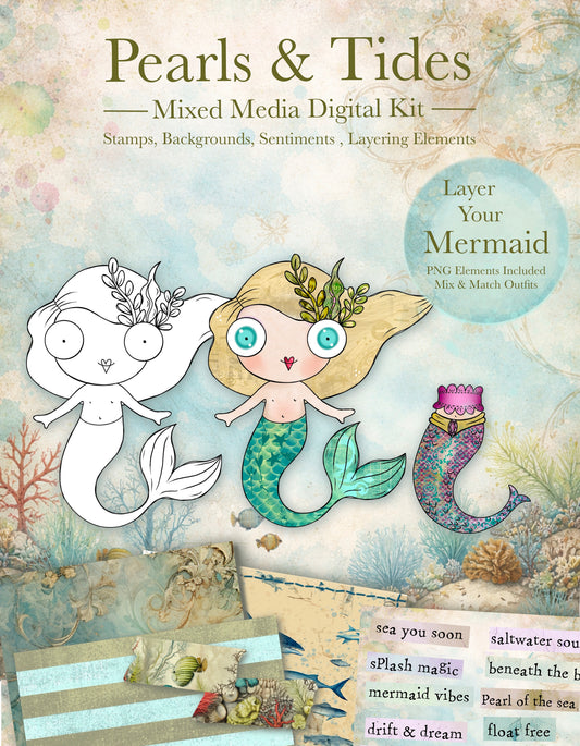 Pearls and Tides Mixed Media Mermaid Kit – 26 Digital Files with Mermaid Doll, Outfits, ATC and Card Backs, Word Clips, Faux Washi