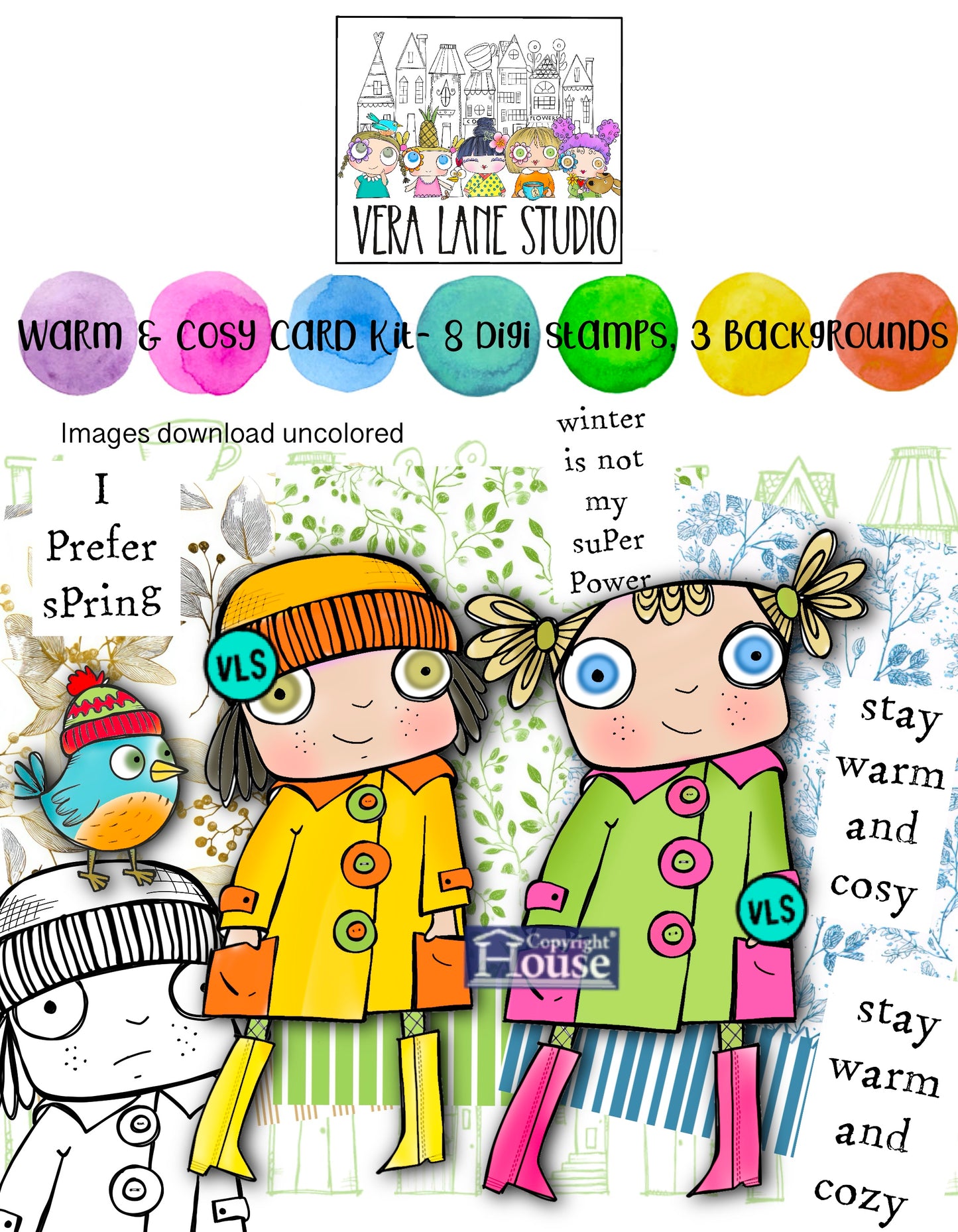 Warm and Cosy Card kit - 8 Digi stamps, 3 backgrounds