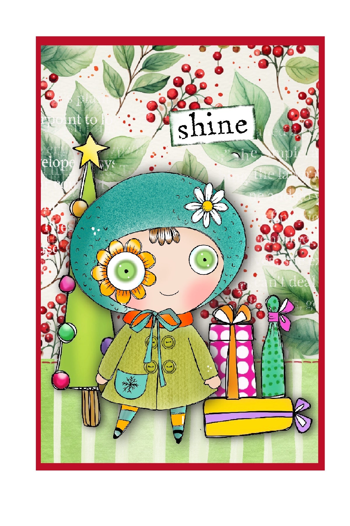 Whimsical Digital Stamps Set – Wiggles and Wander Flower Eye Girl, Dog, Houses, 3 Backgrounds