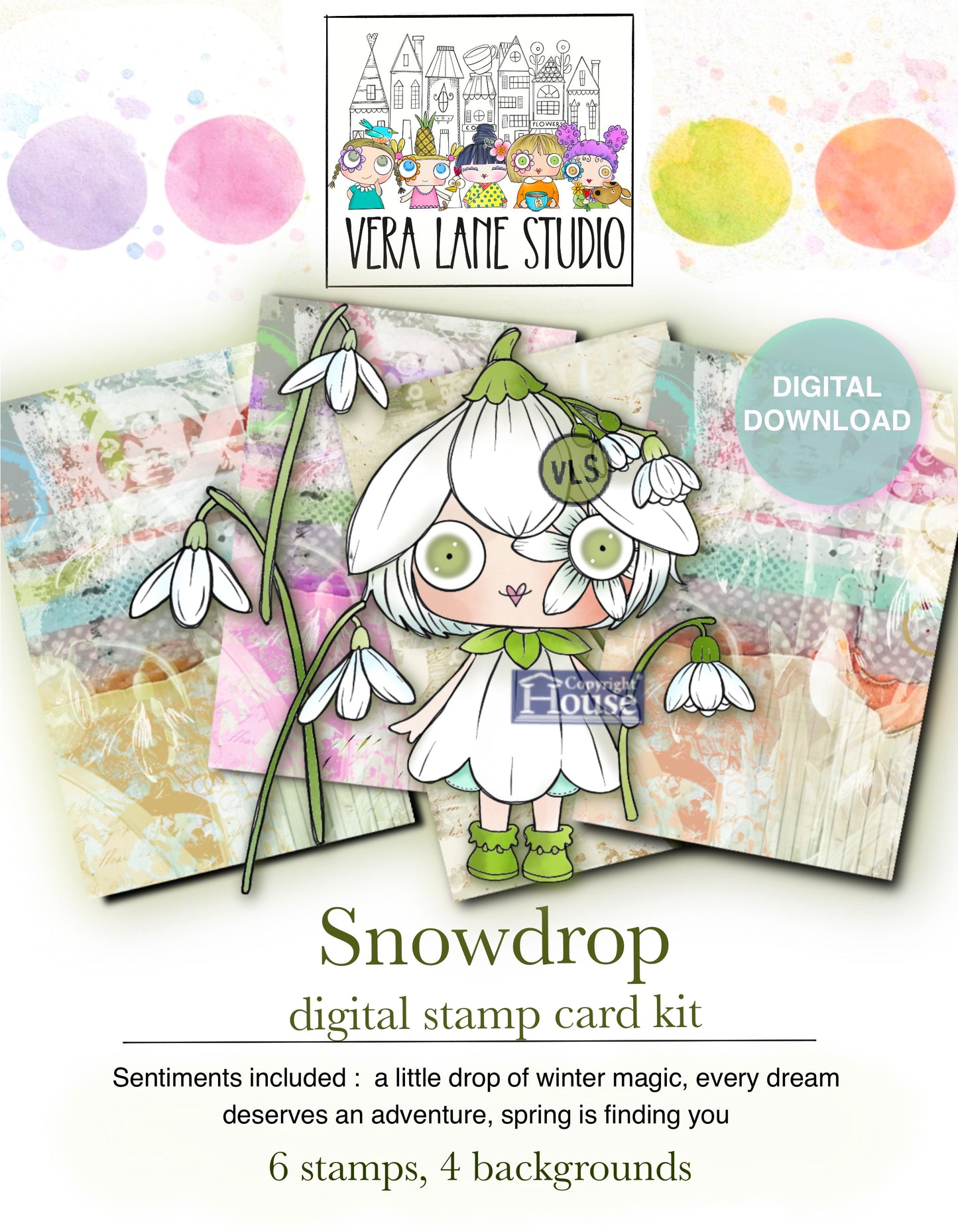 SNOWDROP — Digital Stamp Card Kit bundle  (7 images + 4 backgrounds)