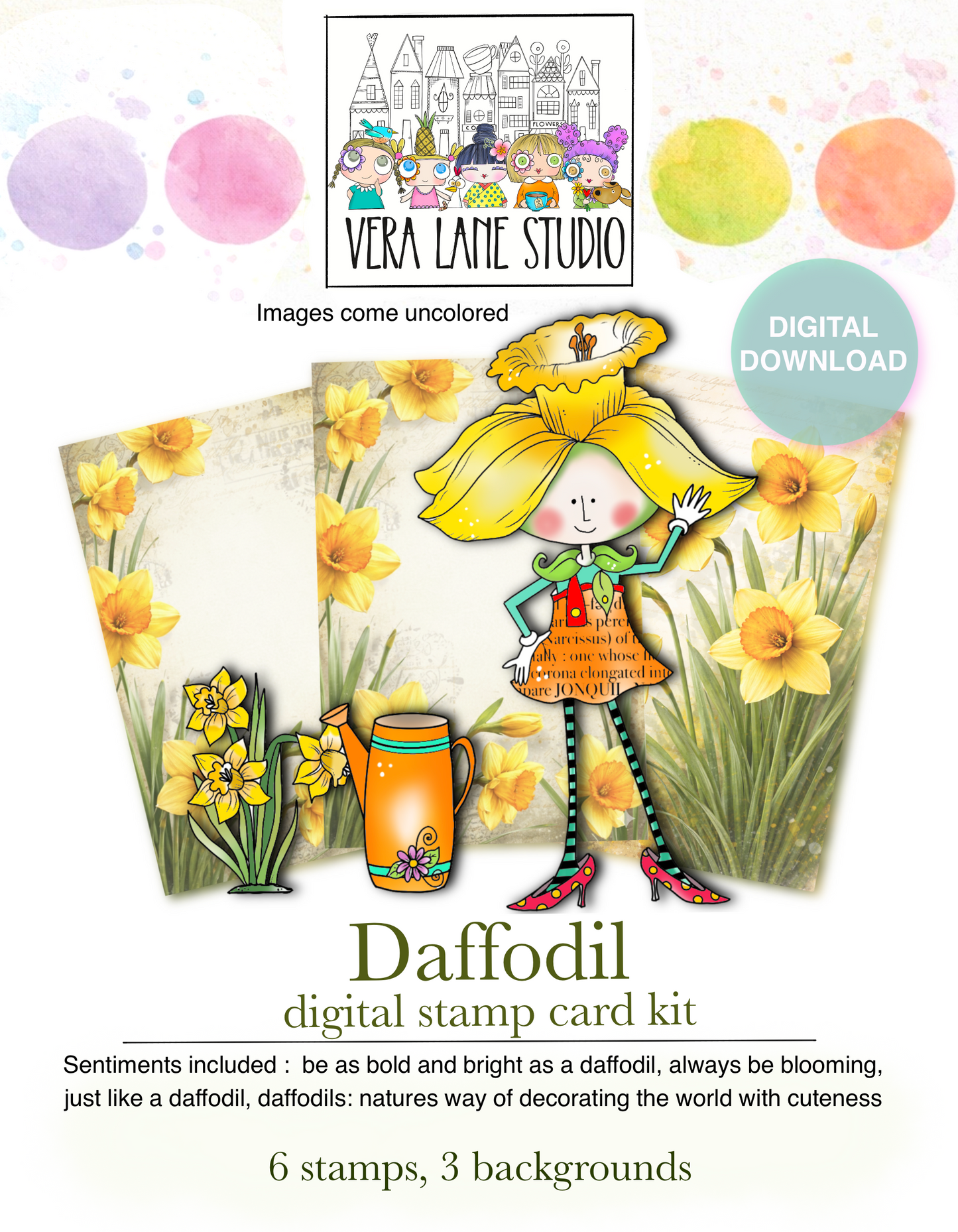 Daffodil Card and Scrap kit: 6 Digi stamps in jpg and png files and 3 backgrounds