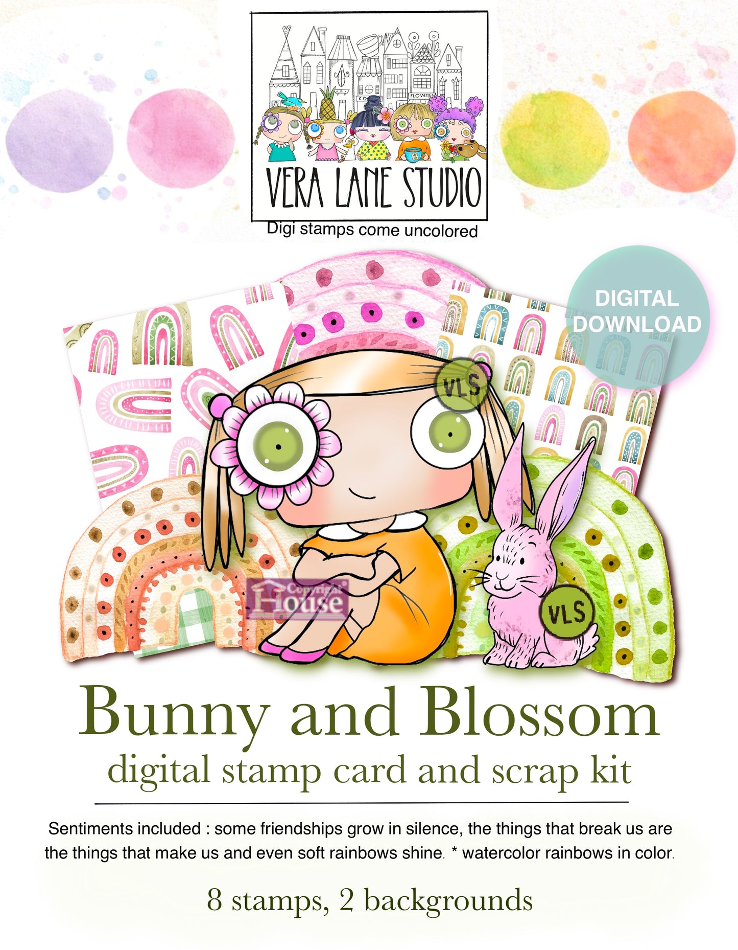 Bunny and Blossom - 7 digi  stamp card kit  in jpg and png files
